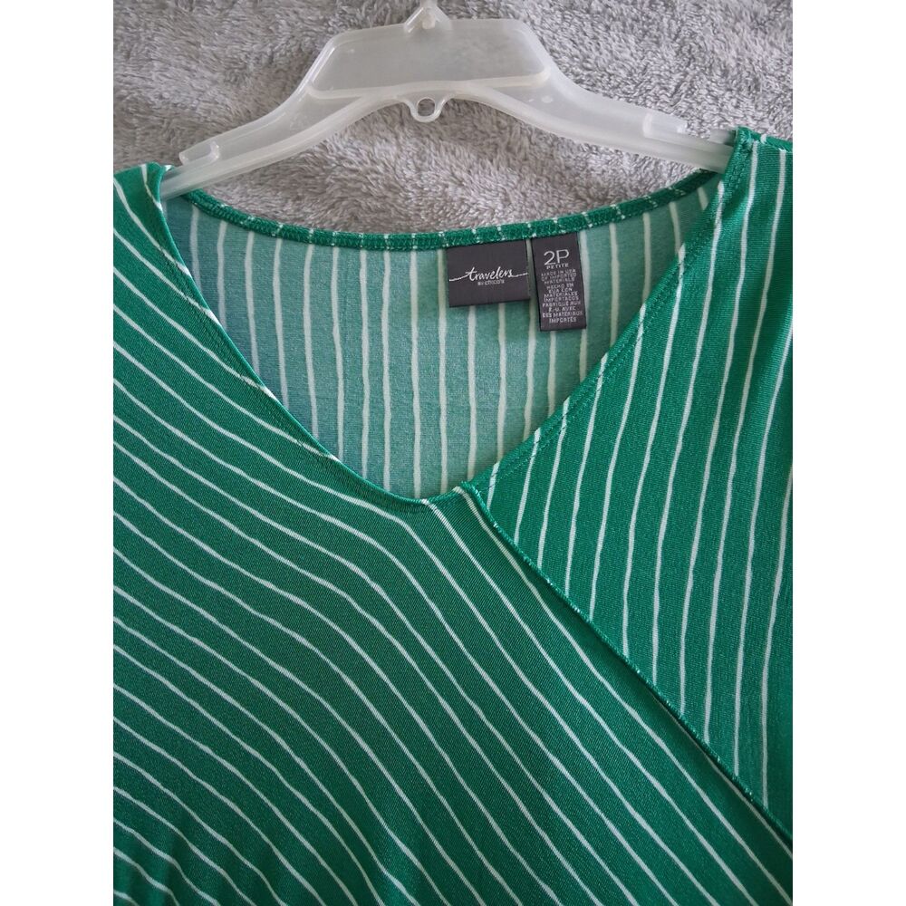 Chicos Travelers Top Sz 2 Lg Petite Liquid Knit 3/4 Sleeve Green Stripe Coastal - Picture 2 of 10